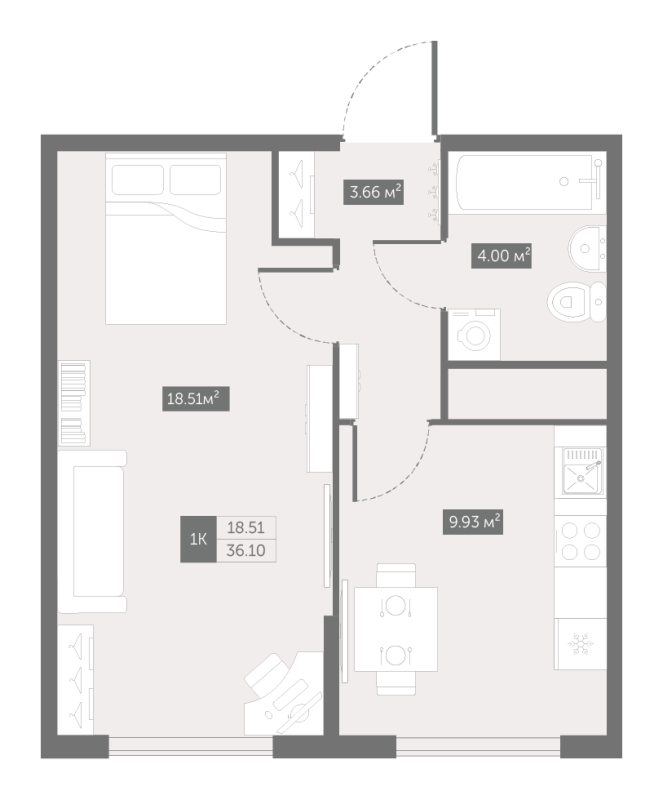 1-комнатная квартира, 36.1 м² в ЖК "UP-квартал Новый Московский" - планировка, фото №1