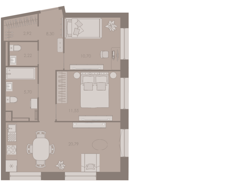 3-комнатная (Евро) квартира, 61.9 м² в ЖК "Северная корона" - планировка, фото №1