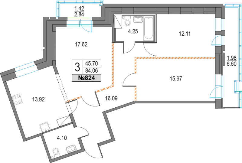 3-комнатная квартира, 84.06 м² в ЖК "Приморский квартал" - планировка, фото №1
