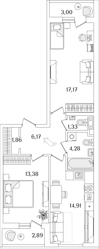 2-комнатная квартира, 62.05 м² в ЖК "Лайнеръ" - планировка, фото №1