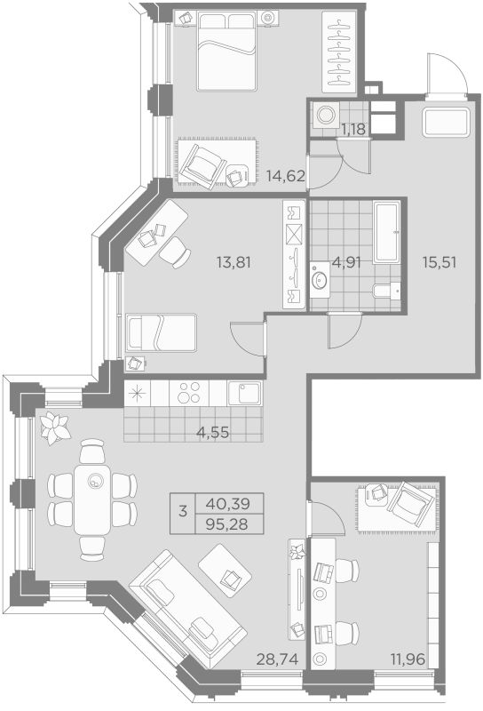 4-комнатная (Евро) квартира, 95.28 м² в ЖК "Akzent" - планировка, фото №1
