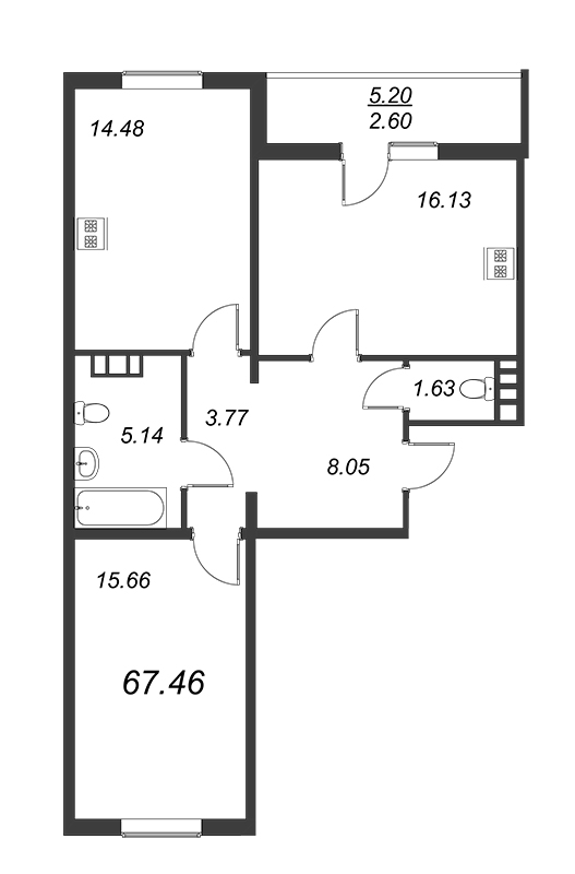 2-комнатная квартира, 64.86 м² - планировка, фото №1