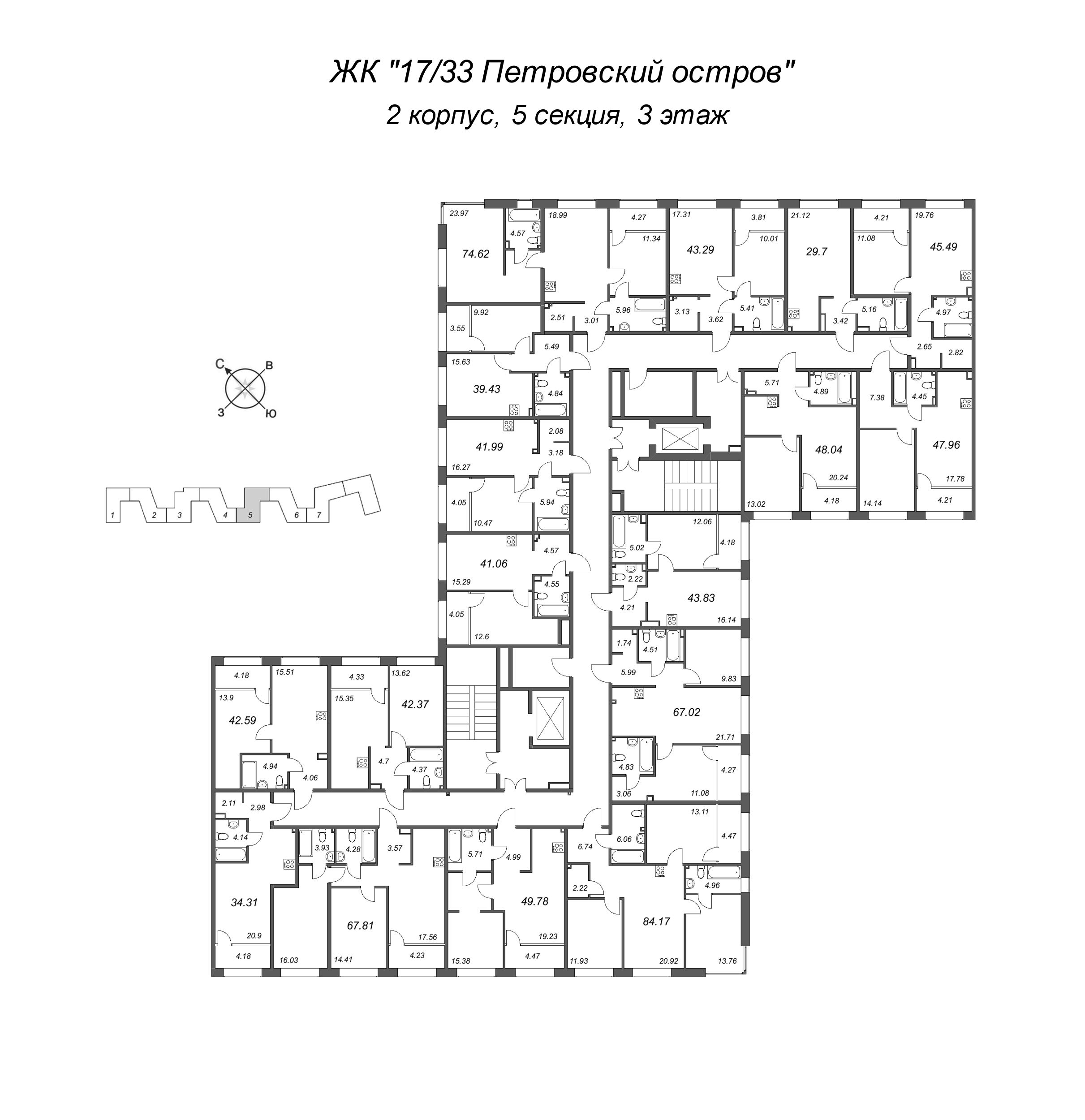 2-комнатная (Евро) квартира, 39.43 м² в ЖК "17/33 Петровский остров" - планировка этажа