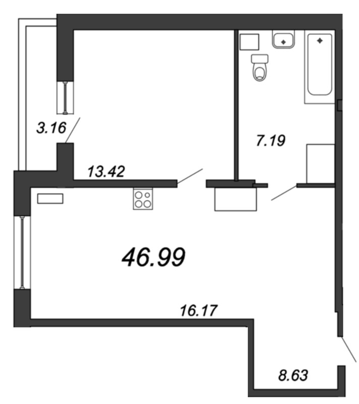 2-комнатная (Евро) квартира, 46.7 м² в ЖК "Аквилон SKY" - планировка, фото №1