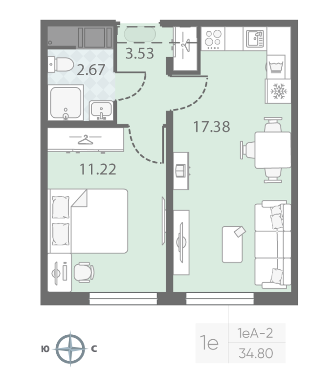 2-комнатная (Евро) квартира, 34.8 м² в ЖК "Морская миля" - планировка, фото №1