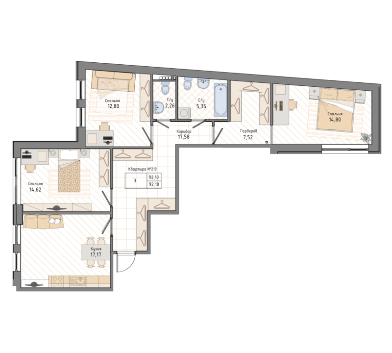 3-комнатная квартира, 92.7 м² в ЖК "Мануфактура James Beck" - планировка, фото №1
