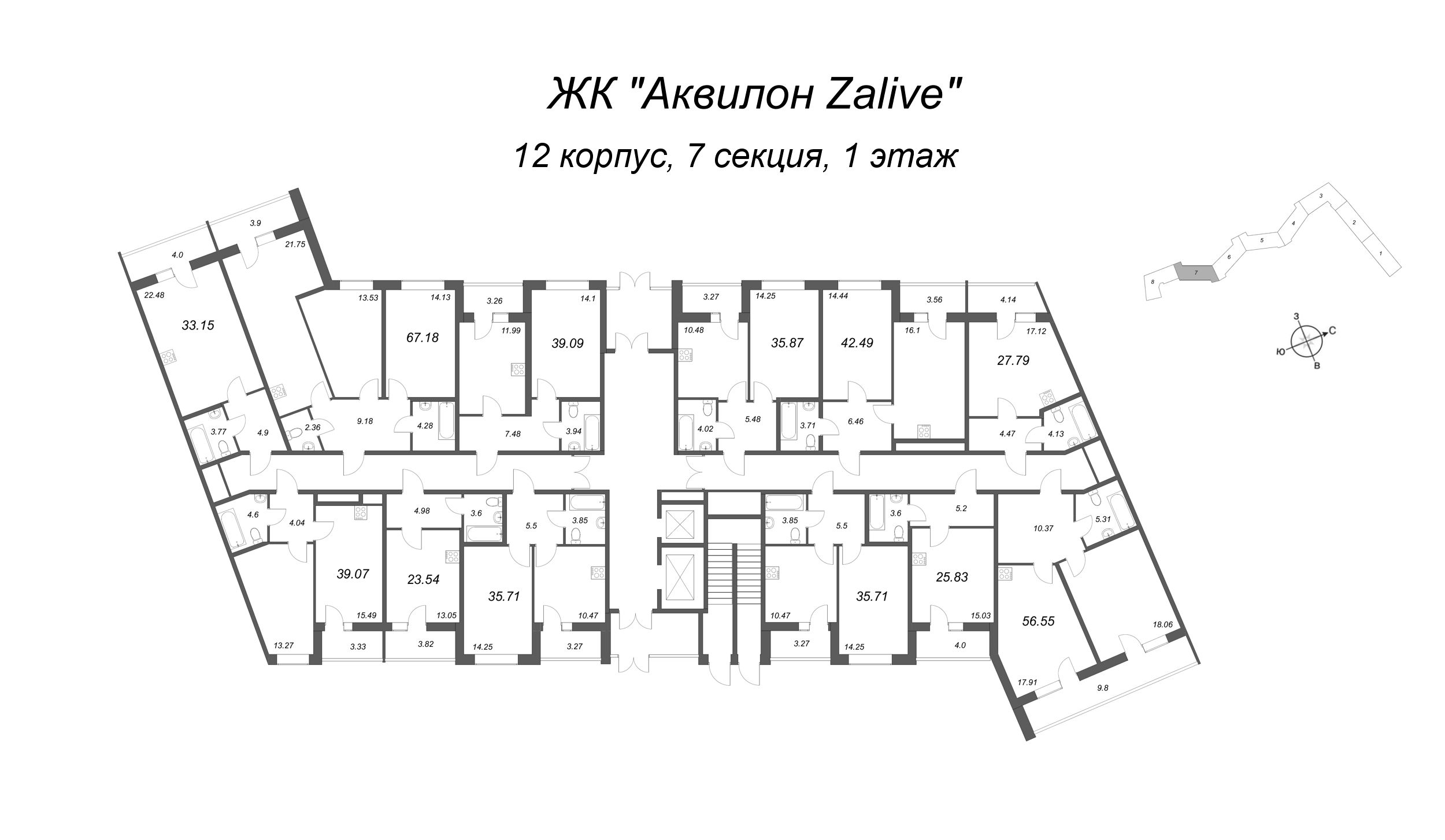 Квартира-студия, 22.6 м² в ЖК "Аквилон Zalive" - планировка этажа