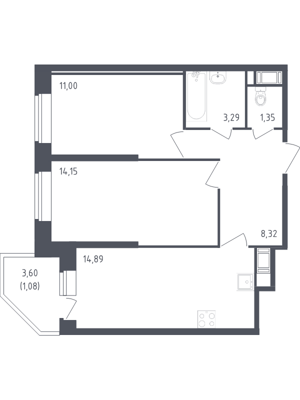 3-комнатная (Евро) квартира, 54.08 м² в ЖК "Живи! В Рыбацком" - планировка, фото №1