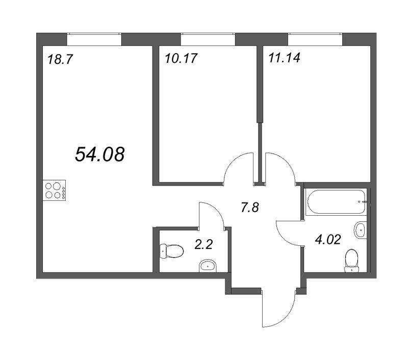 3-комнатная (Евро) квартира, 54.08 м² в ЖК "Новые горизонты" - планировка, фото №1