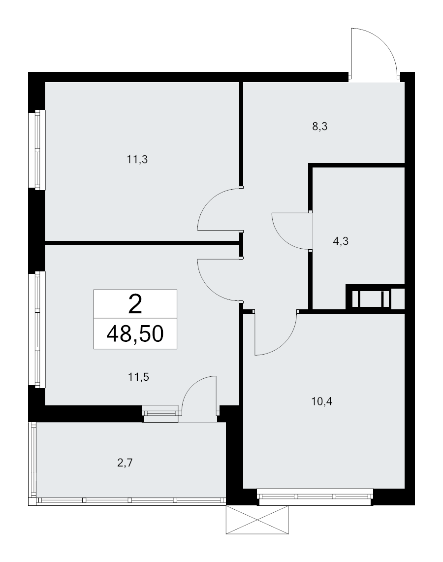 2-комнатная квартира, 48.5 м² - планировка, фото №1