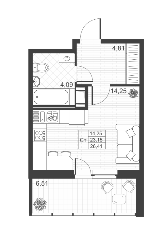 Квартира-студия, 26.41 м² - планировка, фото №1
