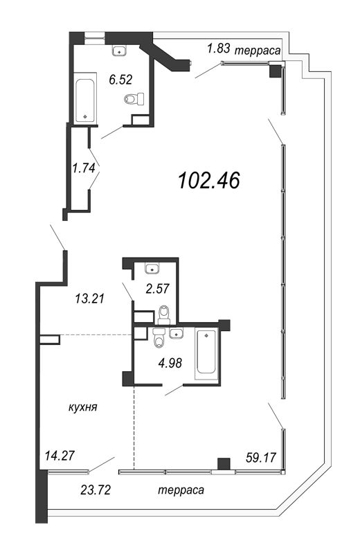 2-комнатная (Евро) квартира, 107.1 м² в ЖК "Alter" - планировка, фото №1