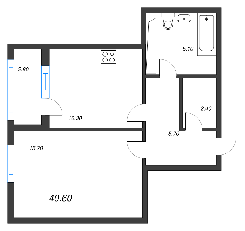 1-комнатная квартира, 40.6 м² в ЖК "Тайм Сквер" - планировка, фото №1