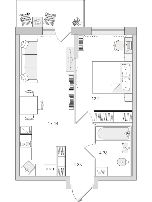 2-комнатная (Евро) квартира, 38.85 м² в ЖК "Город Первых" - планировка, фото №1