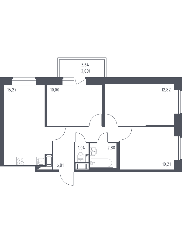 4-комнатная (Евро) квартира, 60.04 м² в ЖК "Новое Колпино" - планировка, фото №1