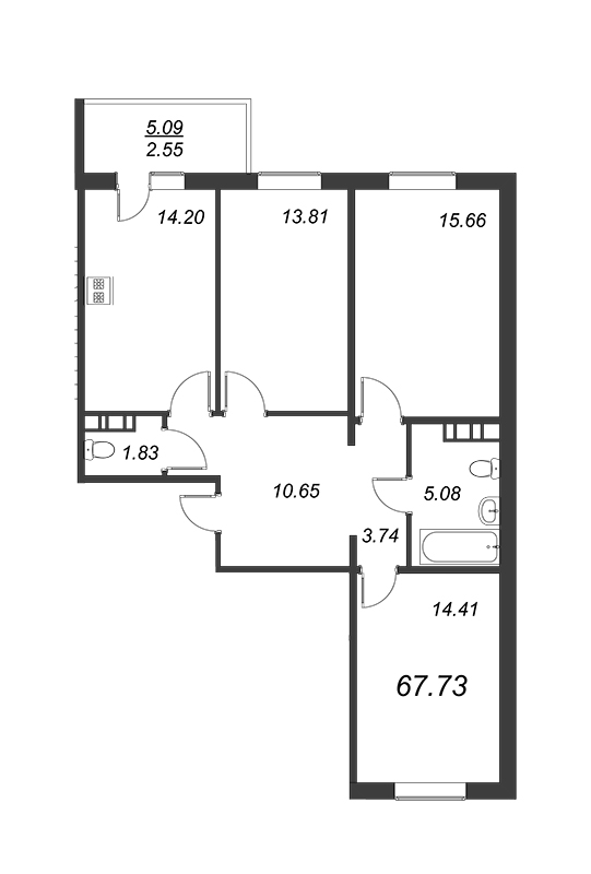 3-комнатная квартира, 65.18 м² - планировка, фото №1