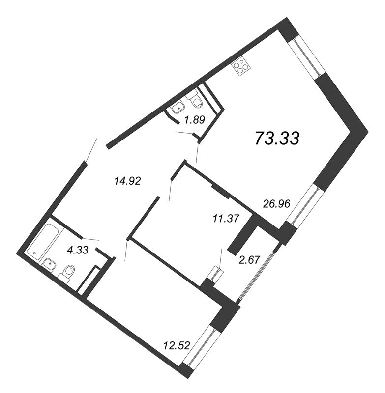 3-комнатная (Евро) квартира, 73.33 м² - планировка, фото №1