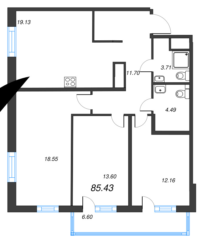 4-комнатная (Евро) квартира, 85.43 м² в ЖК "OKLA" - планировка, фото №1