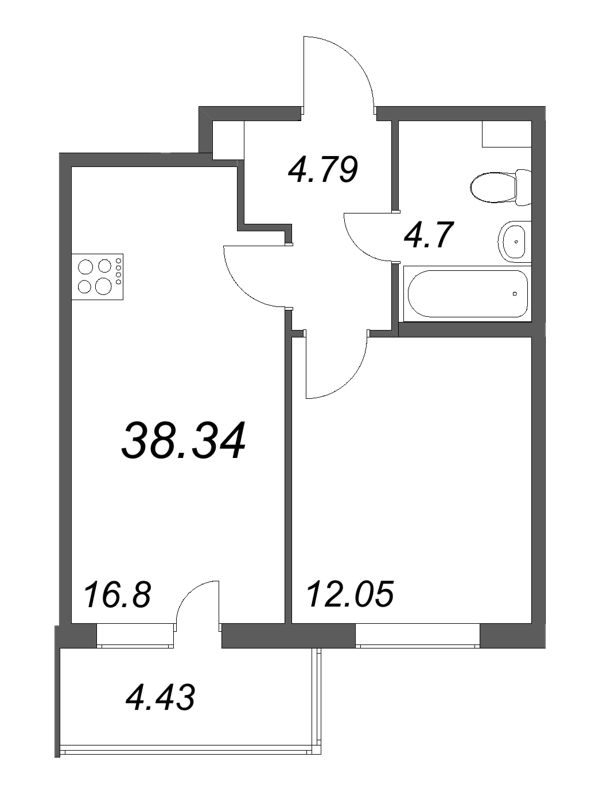 2-комнатная (Евро) квартира, 38.34 м² в ЖК "Ясно.Янино" - планировка, фото №1