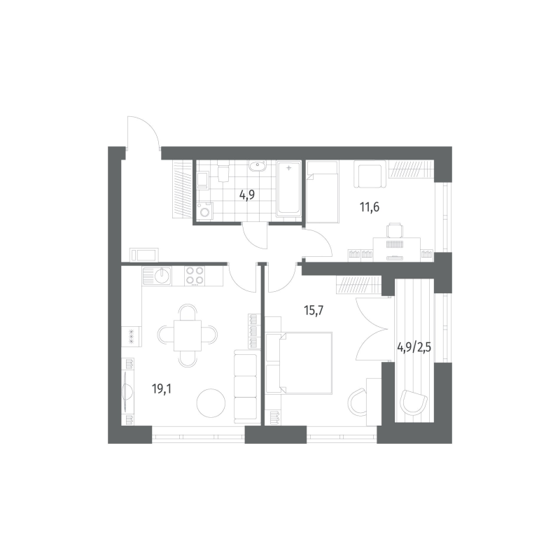 2-комнатная квартира, 63.34 м² в ЖК "Наука" - планировка, фото №1