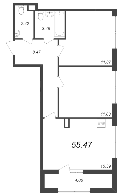 3-комнатная (Евро) квартира, 55.47 м² в ЖК "Академик" - планировка, фото №1