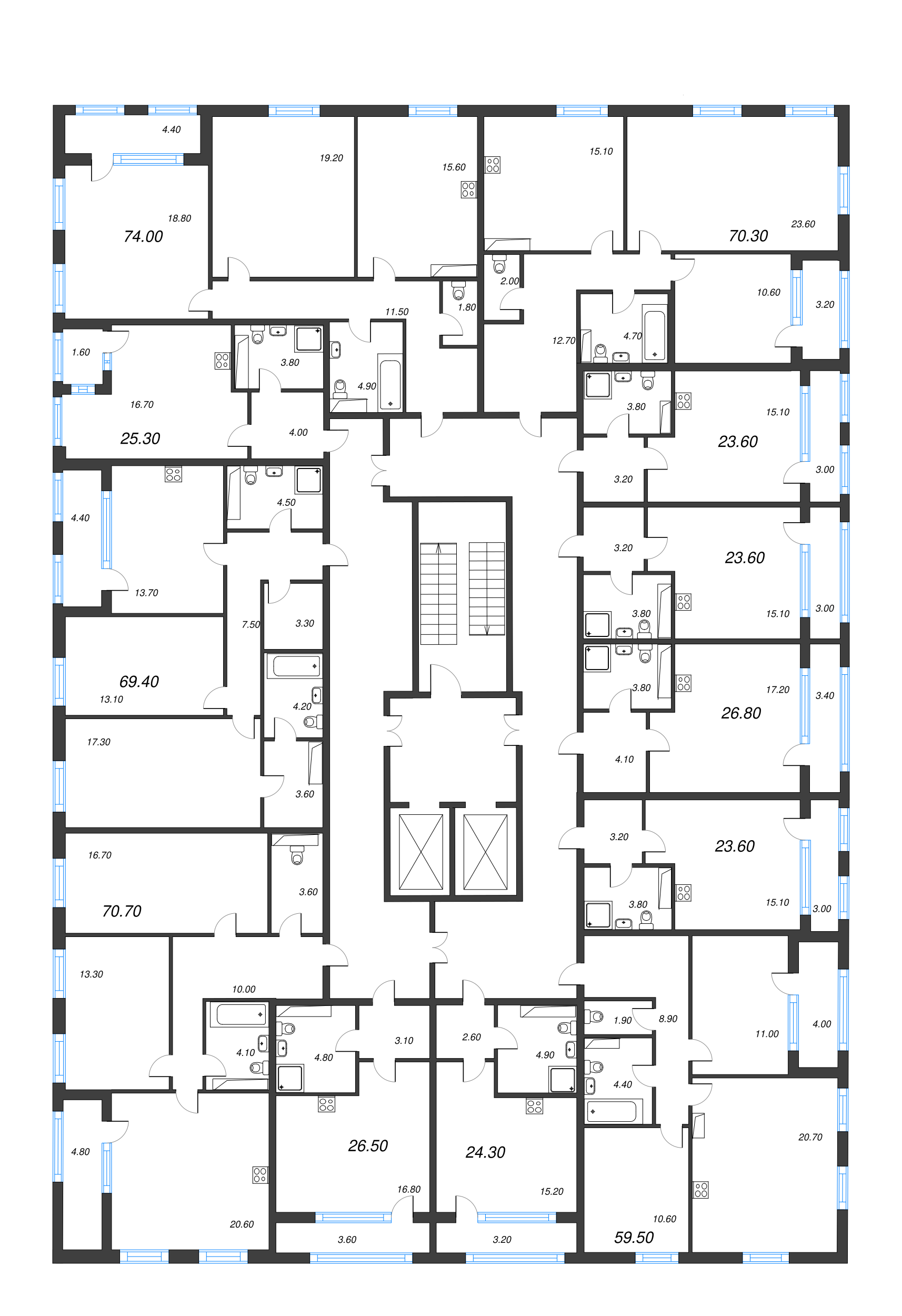 3-комнатная (Евро) квартира, 70.3 м² в ЖК "Тайм Сквер" - планировка этажа