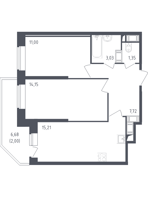 3-комнатная (Евро) квартира, 54.46 м² в ЖК "Живи! В Рыбацком" - планировка, фото №1