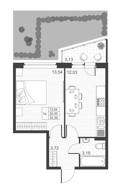 1-комнатная квартира, 33.39 м² в ЖК "Ново-Антропшино" - планировка, фото №1