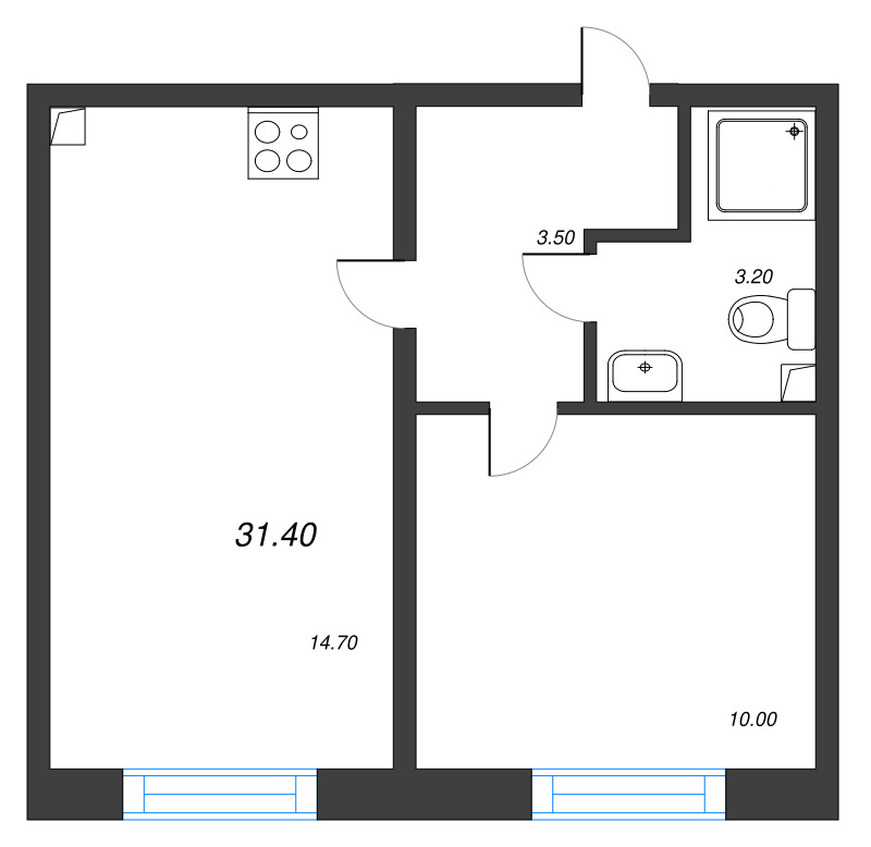 1-комнатная квартира, 31.4 м² - планировка, фото №1
