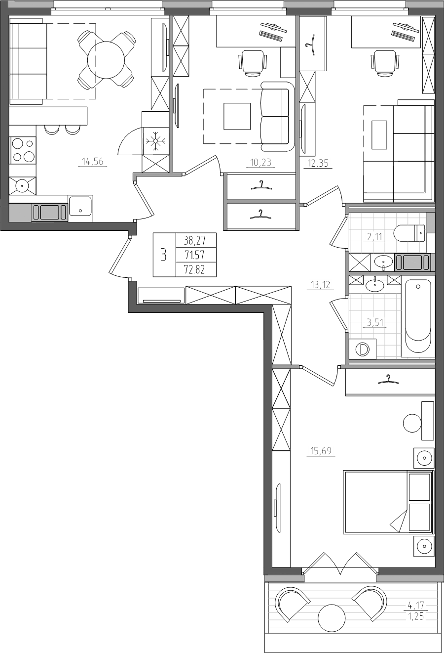 4-комнатная (Евро) квартира, 72.82 м² в ЖК "Дом на Прилукской" - планировка, фото №1