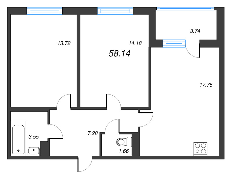 3-комнатная (Евро) квартира, 58.14 м² в ЖК "ЮгТаун" - планировка, фото №1