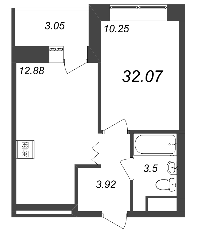1-комнатная квартира, 32.07 м² в ЖК "Уютный" - планировка, фото №1