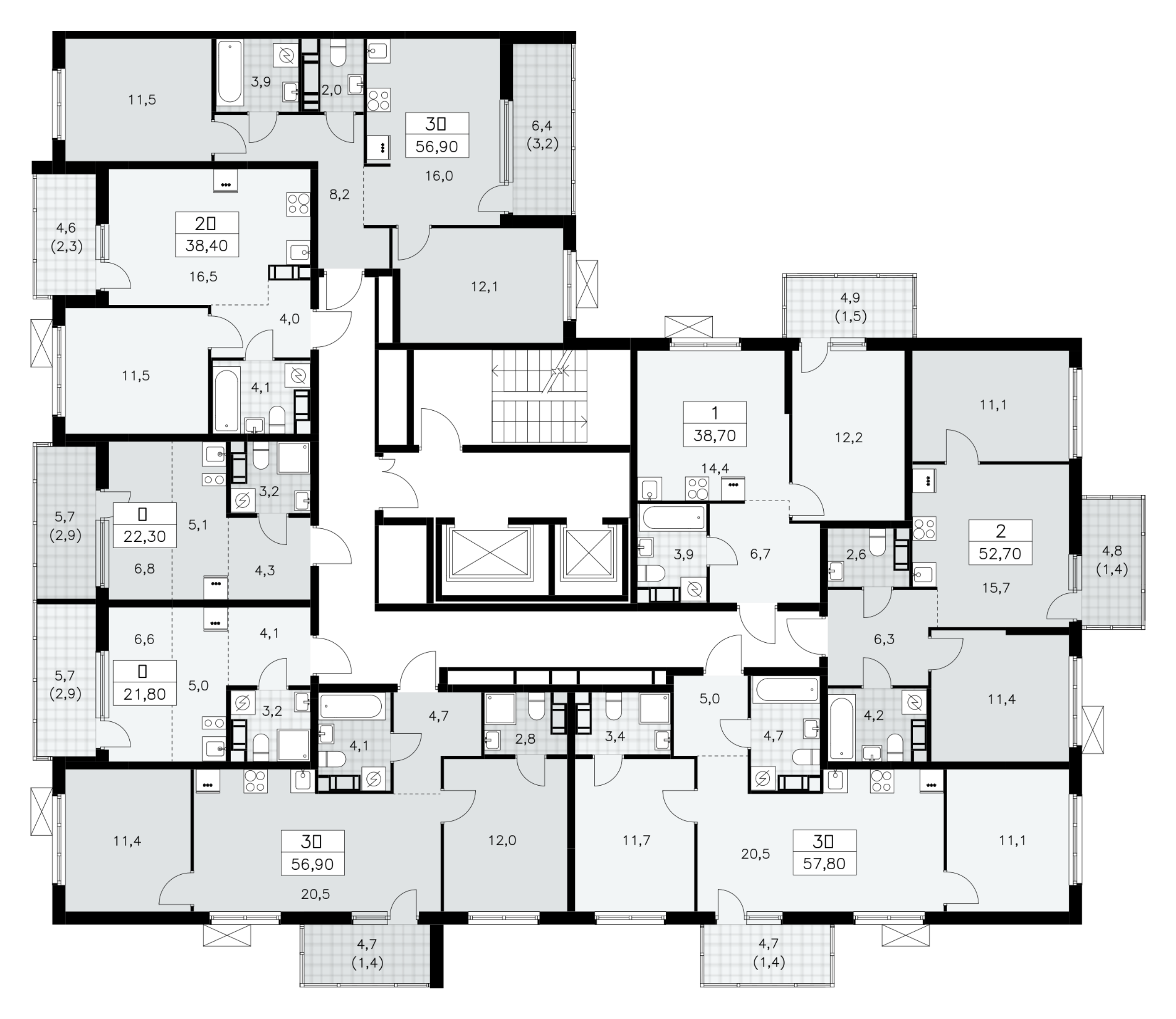 3-комнатная (Евро) квартира, 52.7 м² в ЖК "А101 Лаголово" - планировка этажа