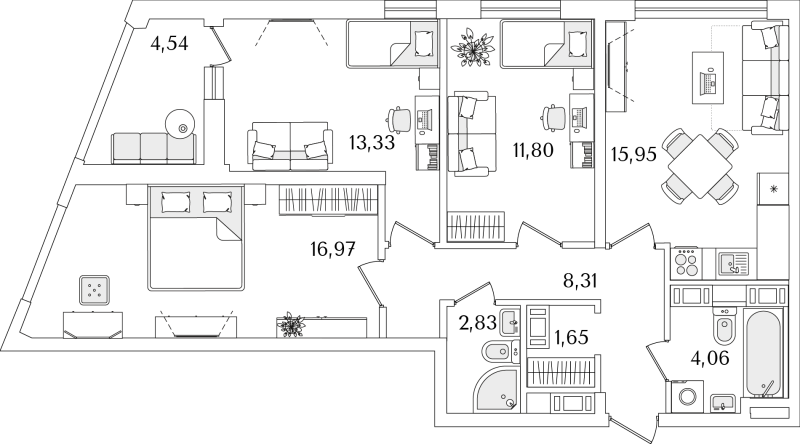 4-комнатная (Евро) квартира, 77.17 м² в ЖК "Лайнеръ" - планировка, фото №1