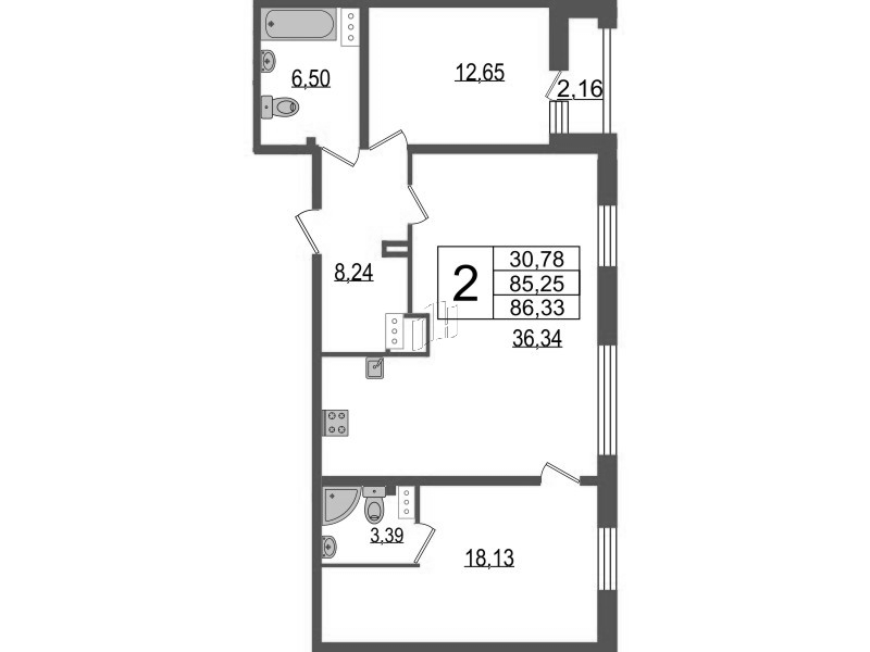 3-комнатная (Евро) квартира, 86.4 м² в ЖК "TESORO" - планировка, фото №1
