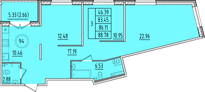 3-комнатная квартира, 83.45 м² в ЖК "Образцовый квартал 17" - планировка, фото №1