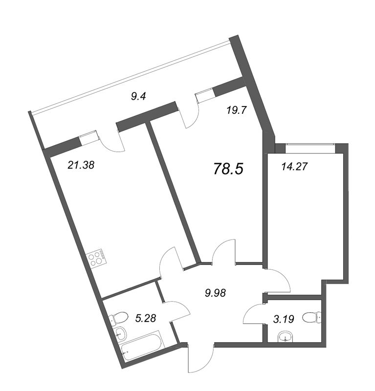 3-комнатная (Евро) квартира, 77.2 м² в ЖК "Аквилон Zalive" - планировка, фото №1