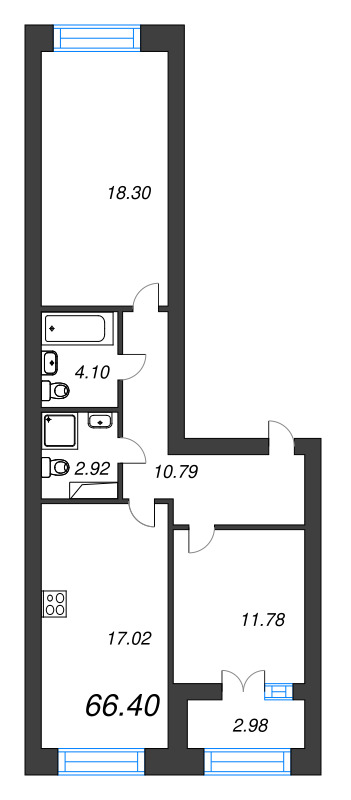 2-комнатная квартира, 66.4 м² в ЖК "Наука" - планировка, фото №1