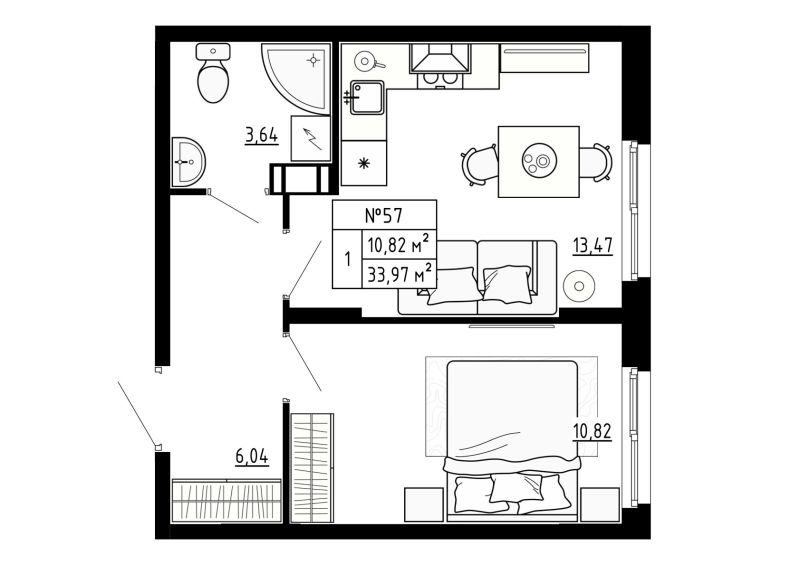 1-комнатная квартира, 33.97 м² - планировка, фото №1