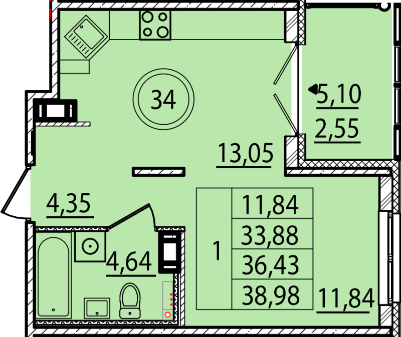 1-комнатная квартира, 33.88 м² в ЖК "Образцовый квартал 15" - планировка, фото №1