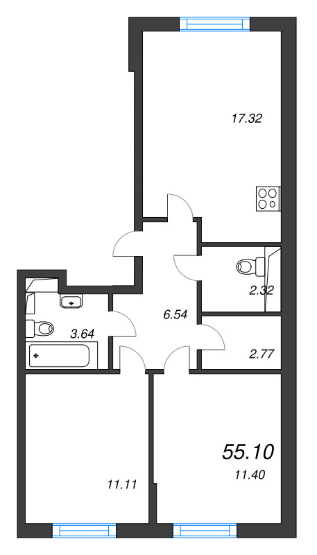 3-комнатная (Евро) квартира, 55.1 м² в ЖК "Кинопарк" - планировка, фото №1