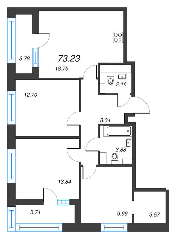 4-комнатная (Евро) квартира, 73.23 м² в ЖК "Б15" - планировка, фото №1