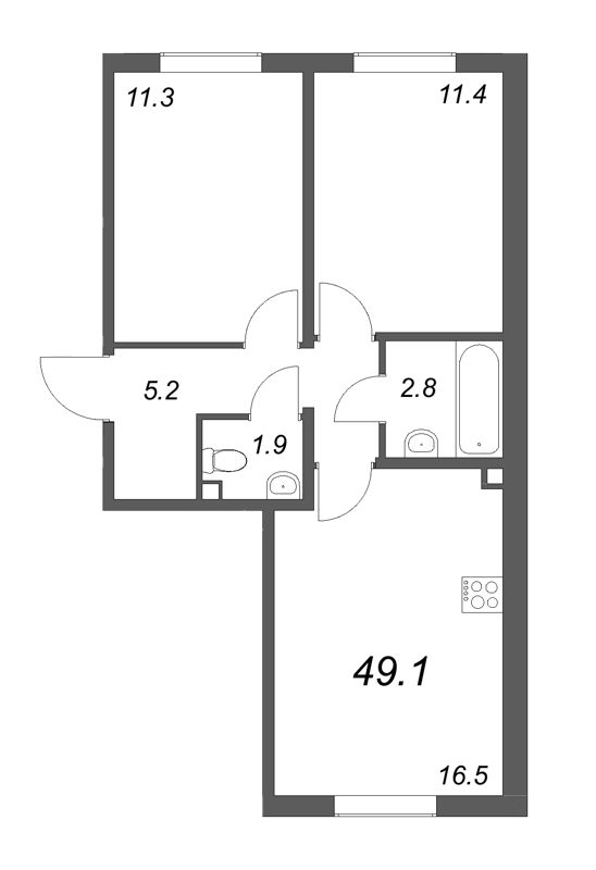 3-комнатная (Евро) квартира, 49.1 м² - планировка, фото №1