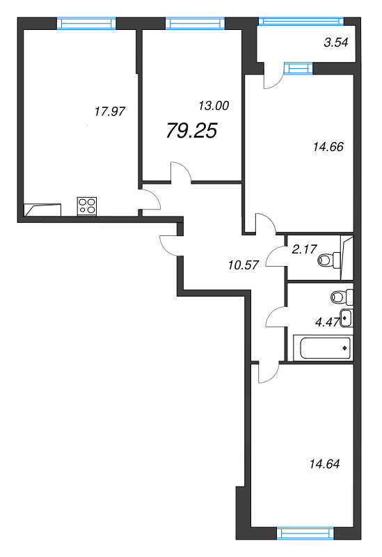 4-комнатная (Евро) квартира, 79.25 м² в ЖК "Аквилон Leaves" - планировка, фото №1