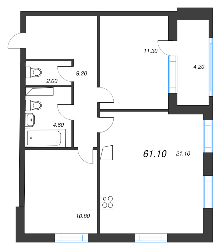3-комнатная (Евро) квартира, 61.1 м² в ЖК "Тайм Сквер" - планировка, фото №1