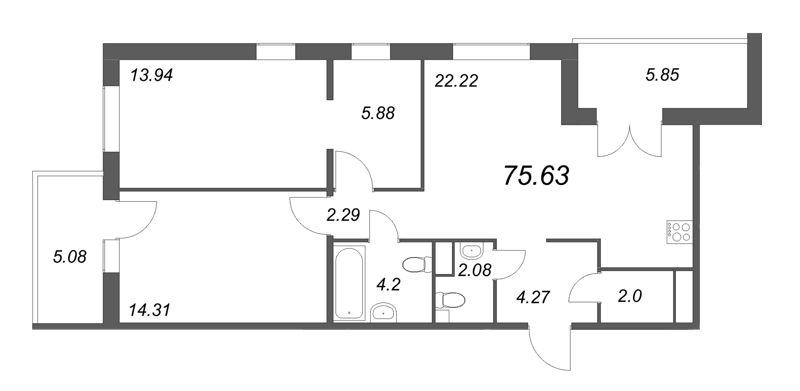 4-комнатная (Евро) квартира, 75.94 м² в ЖК "IQ Гатчина" - планировка, фото №1