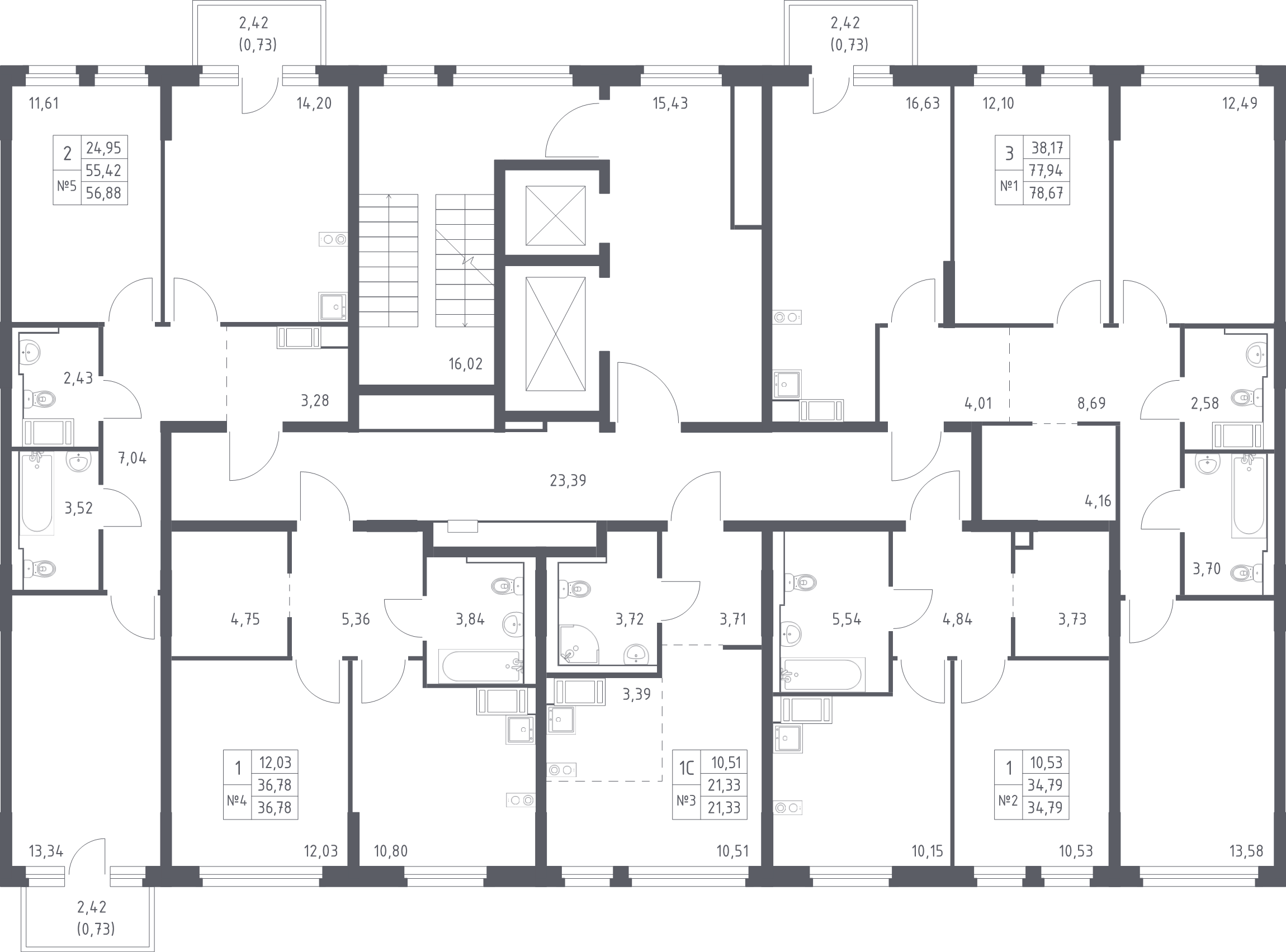 1-комнатная квартира, 36.78 м² - планировка этажа