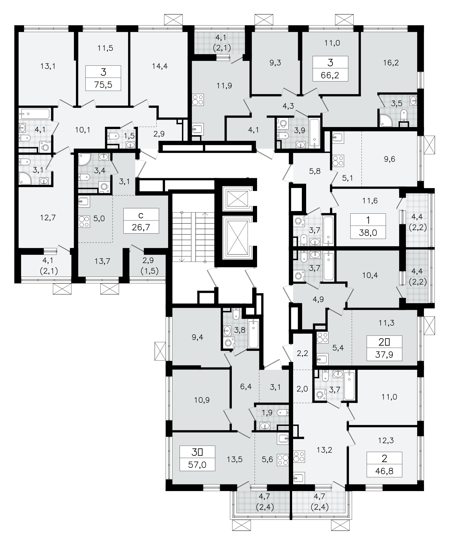3-комнатная квартира, 66.2 м² в ЖК "А101 Всеволожск" - планировка этажа