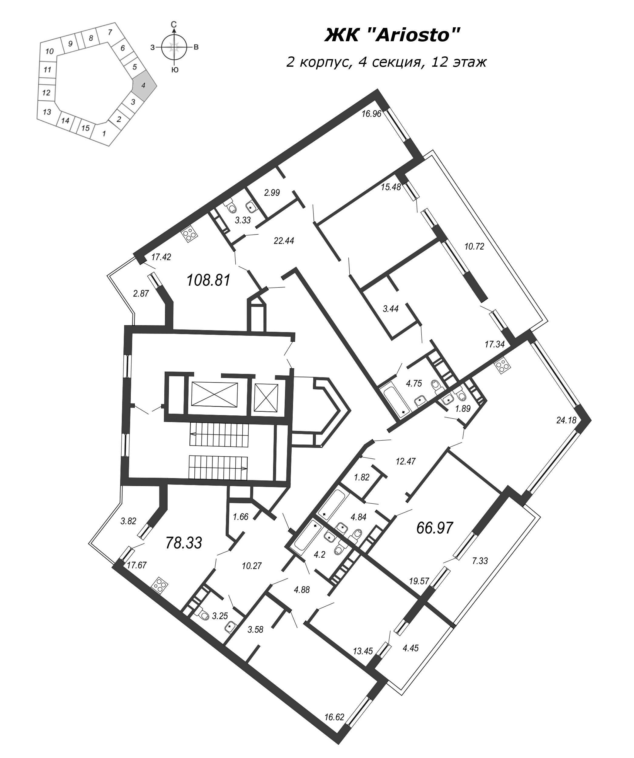3-комнатная квартира, 108.81 м² - планировка этажа