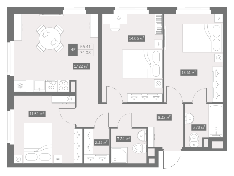 4-комнатная (Евро) квартира, 74.08 м² в ЖК "Zoom на Неве" - планировка, фото №1